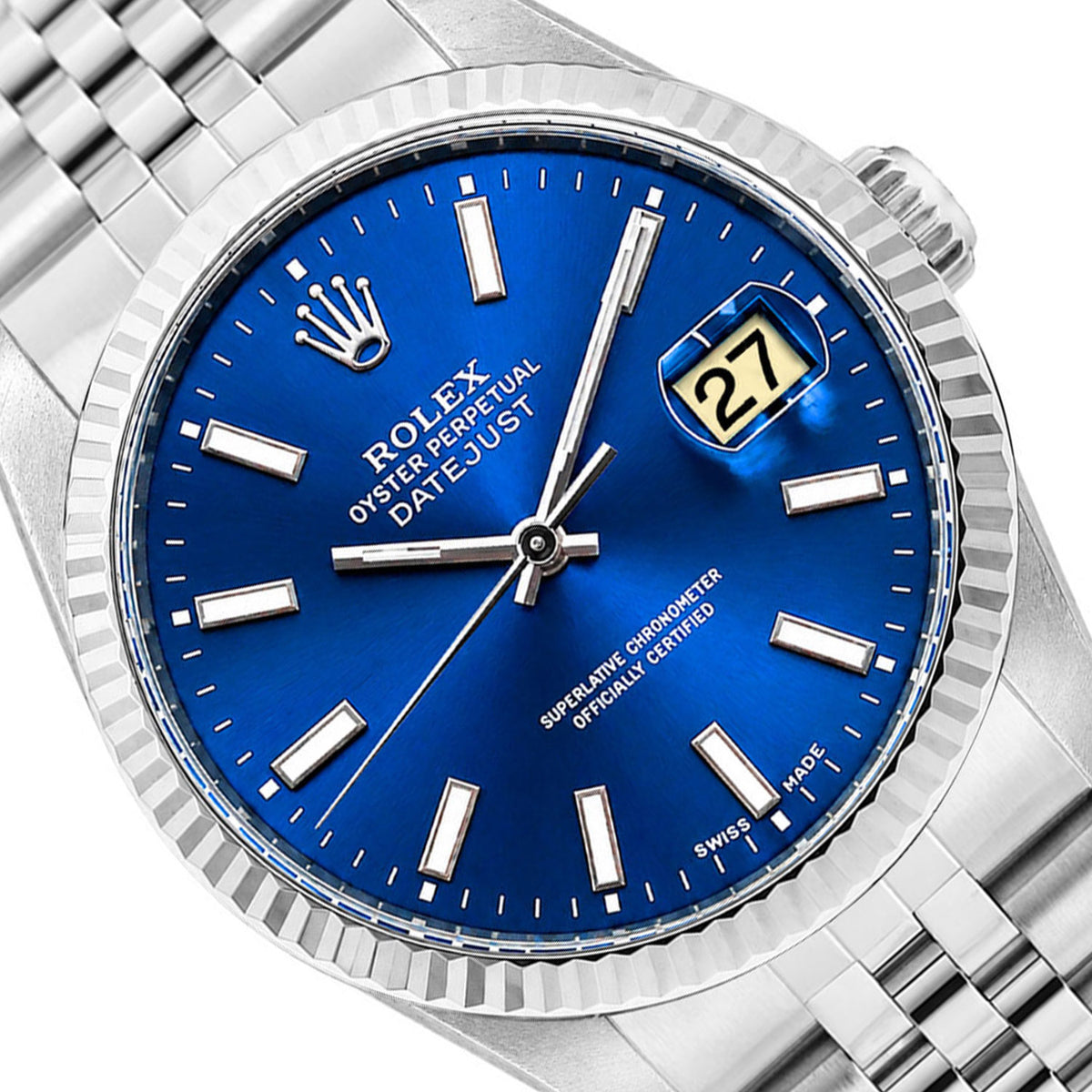 36mm Rolex Datejust 16014 18K White Gold Fluted Bezel Blue Dial Jubilee Watch