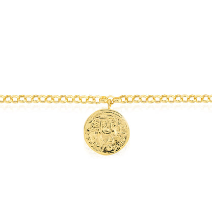 Antique Coin Charm 4mm Rolo Chain Adjustable Bracelet 7.25"