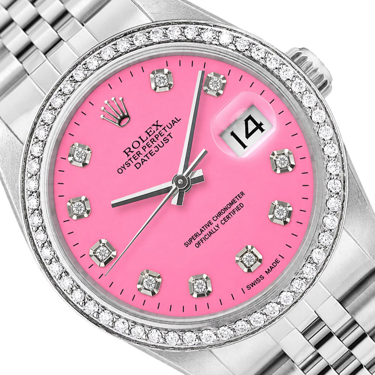 36mm Rolex Datejust 16013 Natural Diamond Bezel Pink Dial Woman's Steel Watch