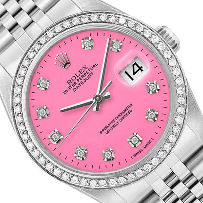 36mm Rolex Datejust 16013 Natural Diamond Bezel Pink Dial Woman's Steel Watch
