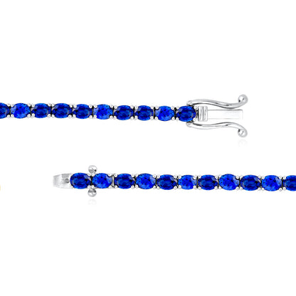 14K White Gold Natural Oval Blue Sapphire Tennis Bracelet 7"