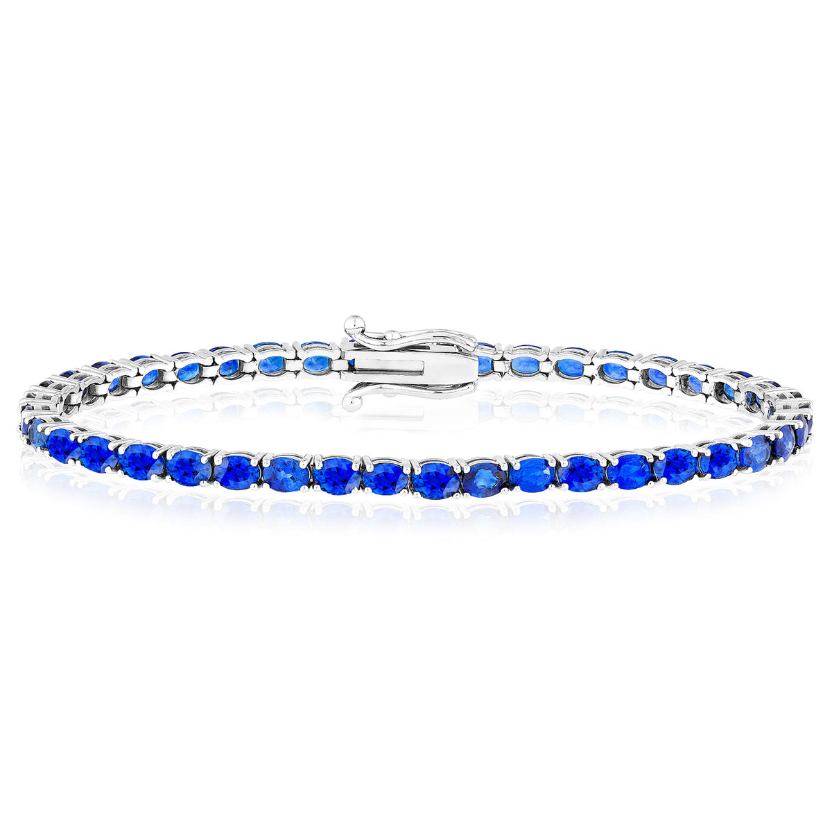 14K White Gold Natural Oval Blue Sapphire Tennis Bracelet 7"