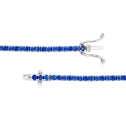 14K White Gold Round Blue Sapphire Tennis Bracelet 7"