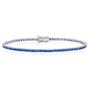 14K White Gold Round Blue Sapphire Tennis Bracelet 7"
