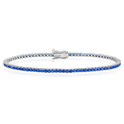 14K White Gold Round Blue Sapphire Tennis Bracelet 7"