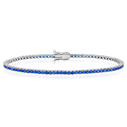 14K White Gold Round Blue Sapphire Tennis Bracelet 7"
