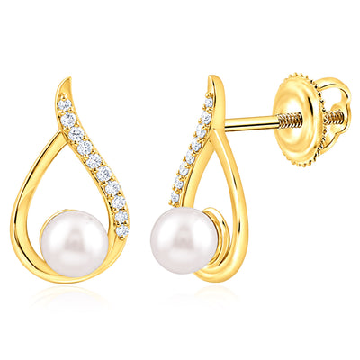 0.10 CTW Natural Diamonds White Pearl Teardrop Stud Earrings 15mm