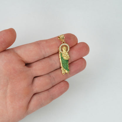 14K Yellow Gold Saint Judas Simulated Emerald CZ Pendant 1.7"