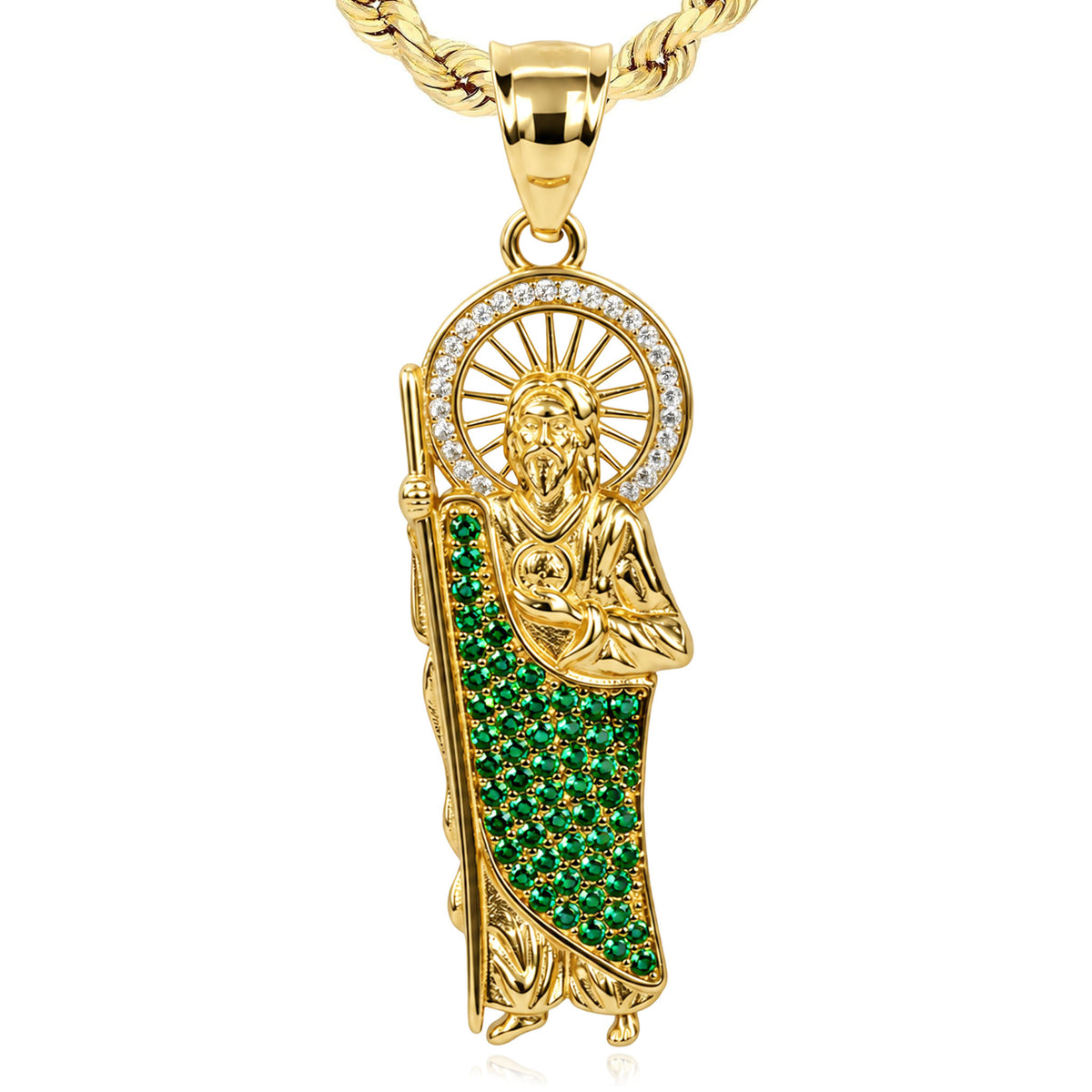 14K Yellow Gold Saint Judas Simulated Emerald CZ Pendant 1.7"