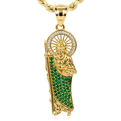 14K Yellow Gold Saint Judas Simulated Emerald CZ Pendant 1.7"
