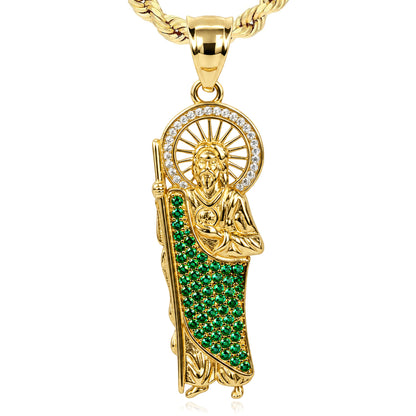14K Yellow Gold Saint Judas Simulated Emerald CZ Pendant 1.7"