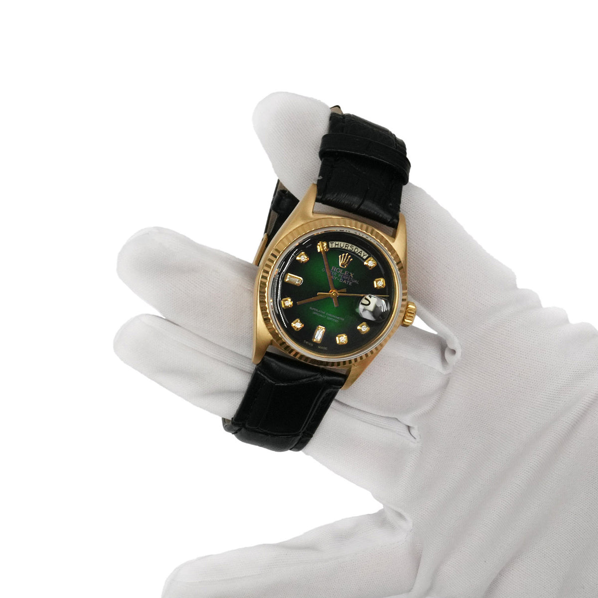 36mm Rolex Day-Date 1703 18k Gold Fluted Bezel Ombre Green Dial Black Leather Band Watch