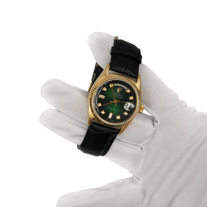 36mm Rolex Day-Date 1703 18k Gold Fluted Bezel Ombre Green Dial Black Leather Band Watch