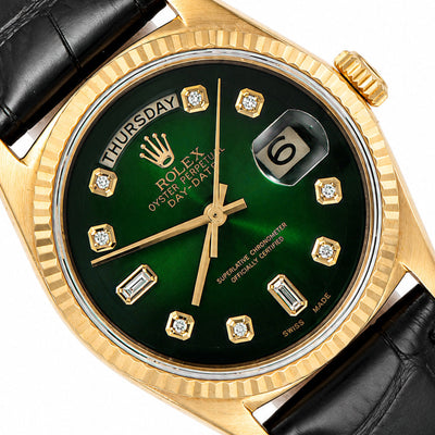 36mm Rolex Day-Date 1703 18k Gold Fluted Bezel Ombre Green Dial Black Leather Band Watch