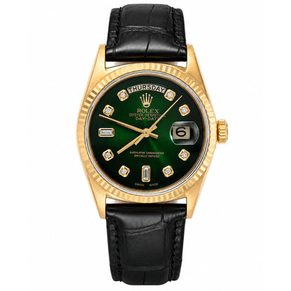 36mm Rolex Day-Date 1703 18k Gold Fluted Bezel Ombre Green Dial Black Leather Band Watch