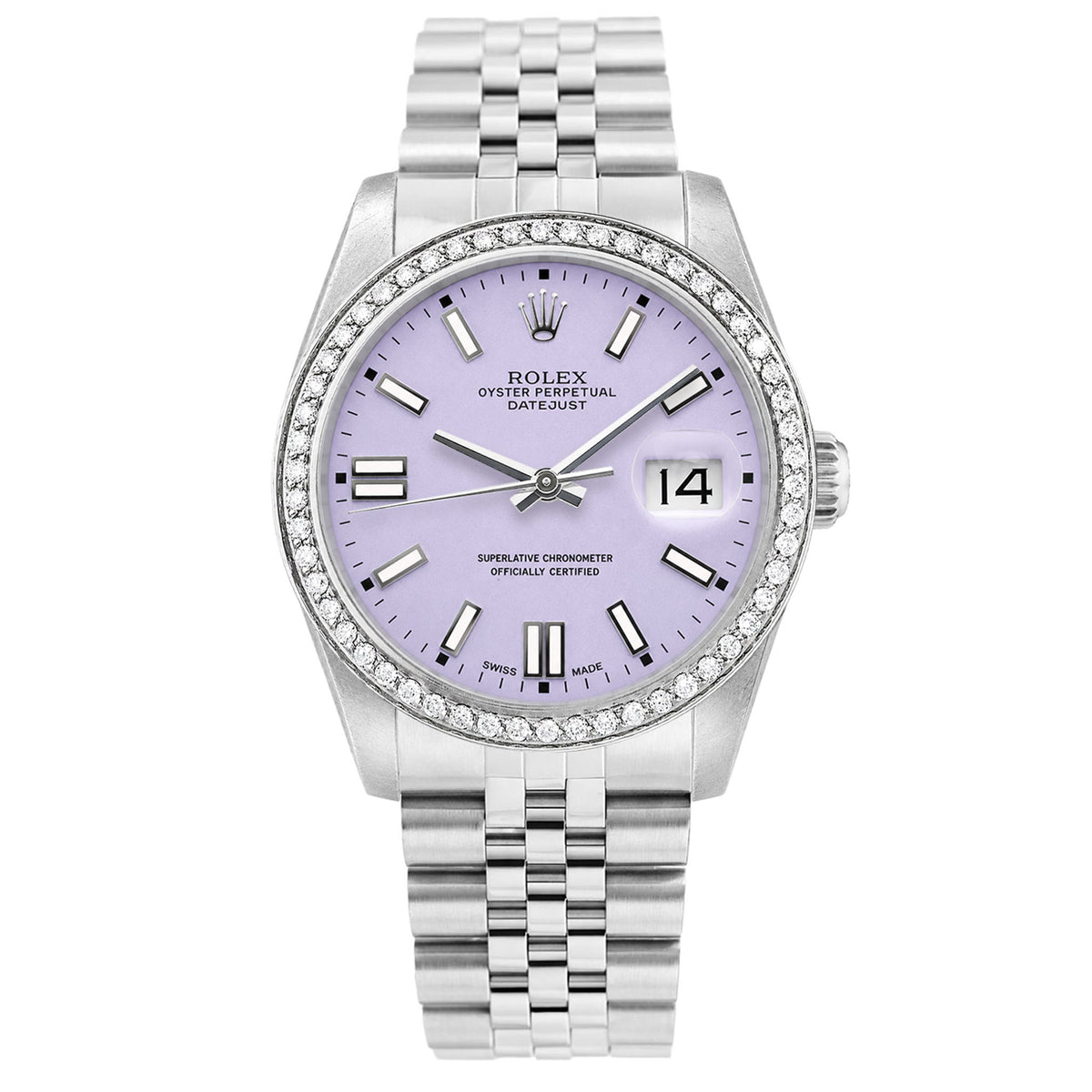 36mm Rolex Datejust 16014 Diamond Bezel Lavender Stick Dial Jubilee Band Watch