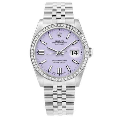 36mm Rolex Datejust 16014 Diamond Bezel Lavender Stick Dial Jubilee Band Watch
