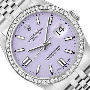 36mm Rolex Datejust 16014 Diamond Bezel Lavender Stick Dial Jubilee Band Watch