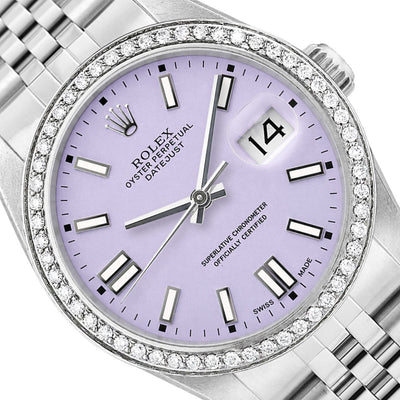 36mm Rolex Datejust 16014 Diamond Bezel Lavender Stick Dial Jubilee Band Watch