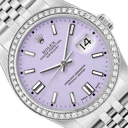 36mm Rolex Datejust 16014 Diamond Bezel Lavender Stick Dial Jubilee Band Watch