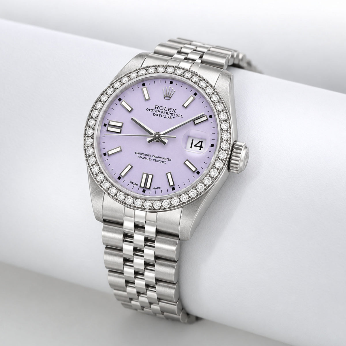 36mm Rolex Datejust 16014 Diamond Bezel Lavender Stick Dial Jubilee Band Watch
