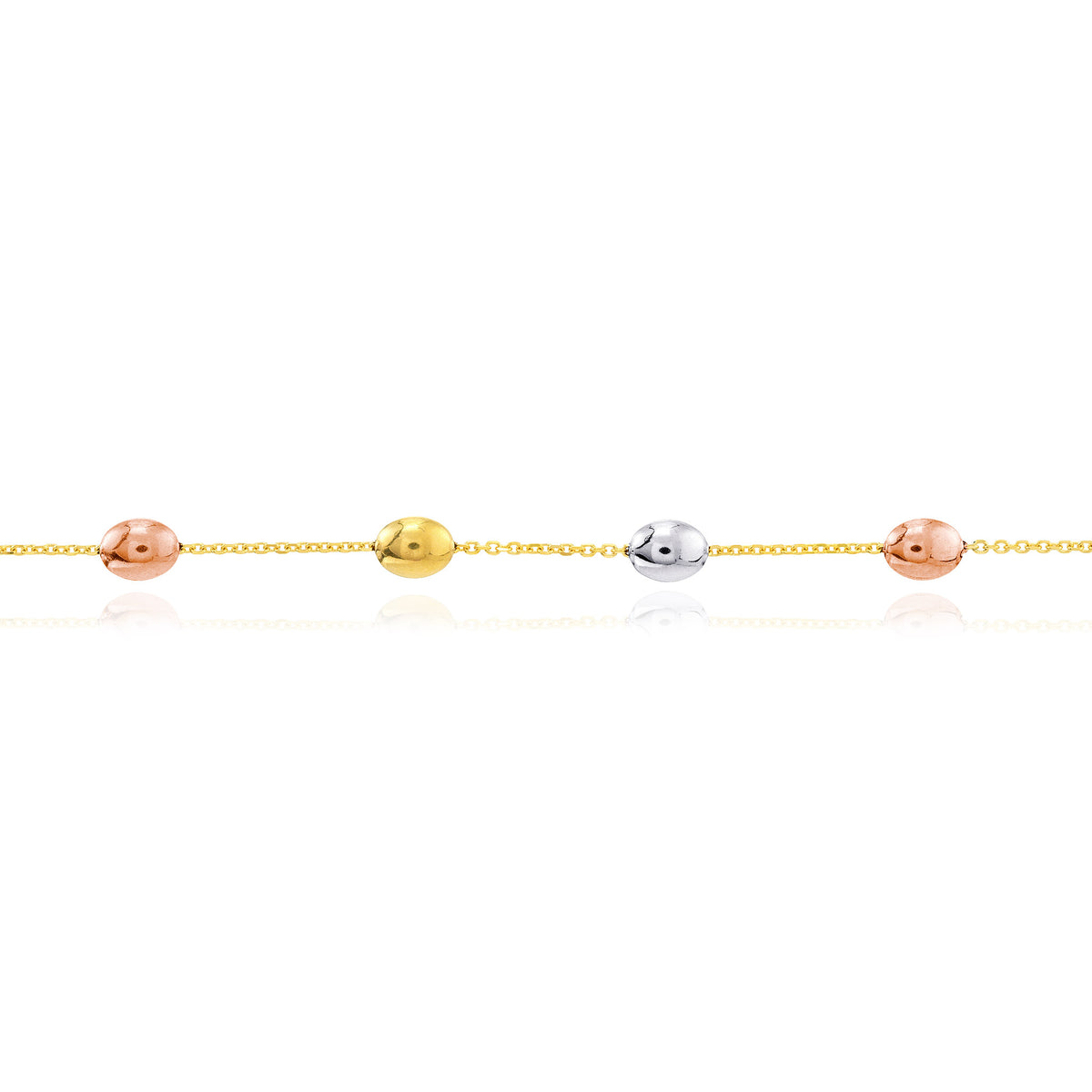 14K Tri-Color Gold 1mm Cable Link Satin and Polished Bead Anklet 10"