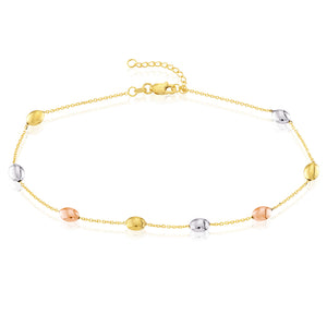 14K Tri-Color Gold 1mm Cable Link Satin and Polished Bead Anklet 10"