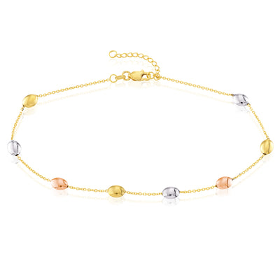 14K Tri-Color Gold 1mm Cable Link Satin and Polished Bead Anklet 10"