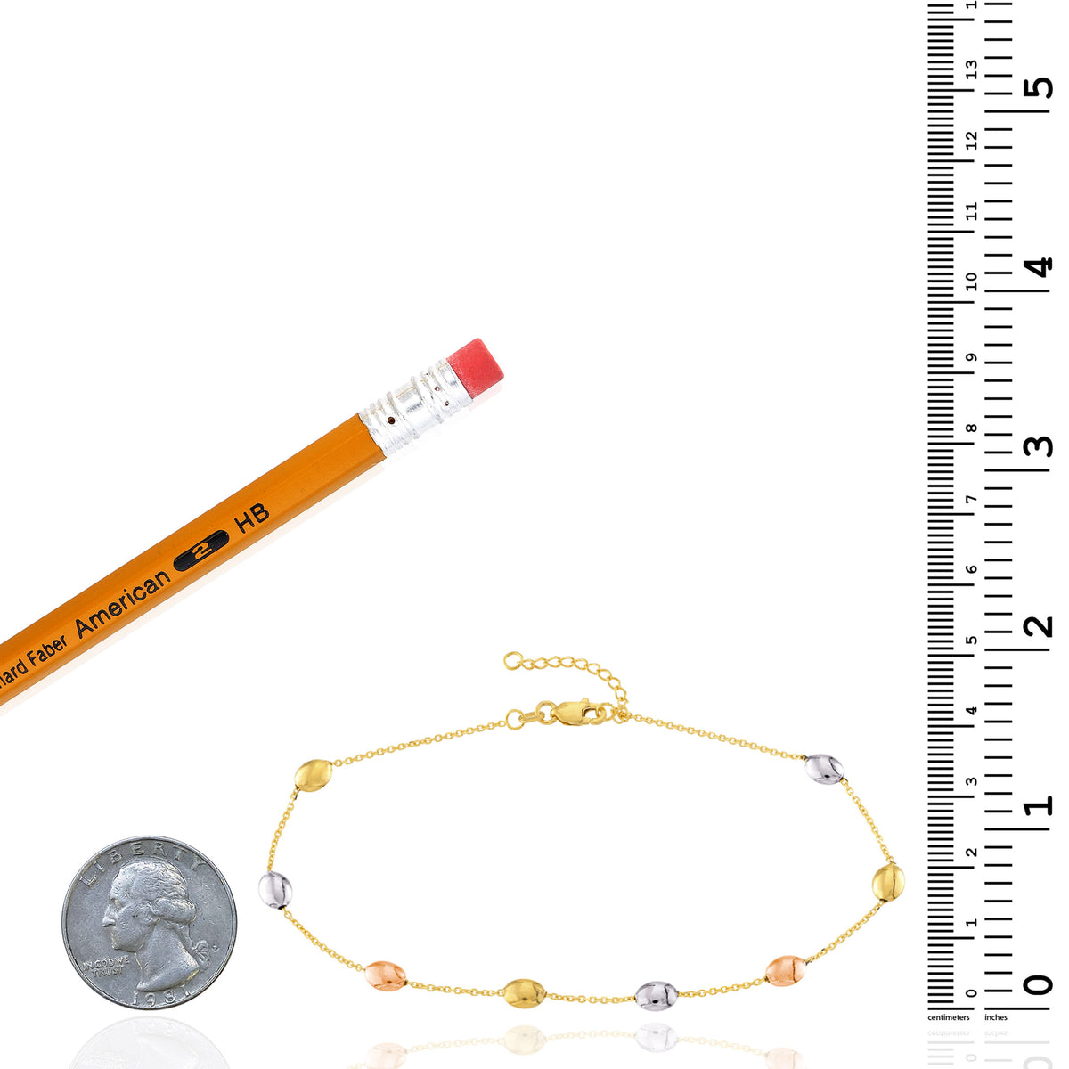 14K Tri-Color Gold 1mm Cable Link Satin and Polished Bead Anklet 10"