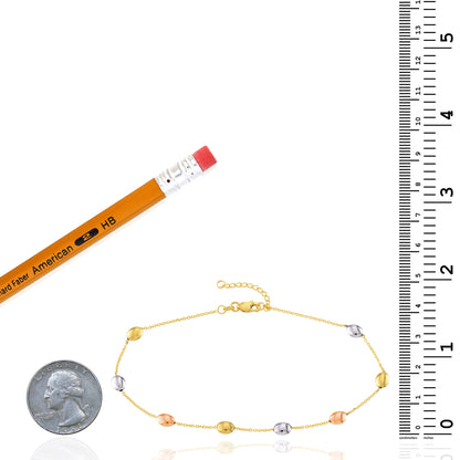 14K Tri-Color Gold 1mm Cable Link Satin and Polished Bead Anklet 10"