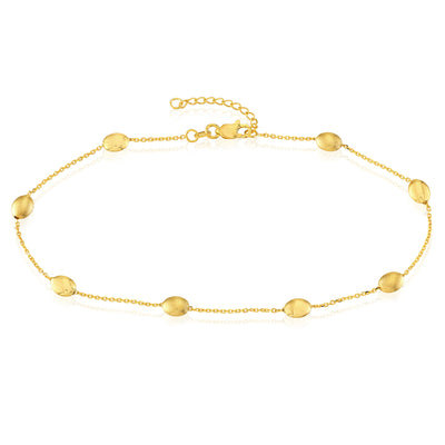 14K Yellow Gold Satin and Polished Coffee Bean Adjustable Anklet 10"