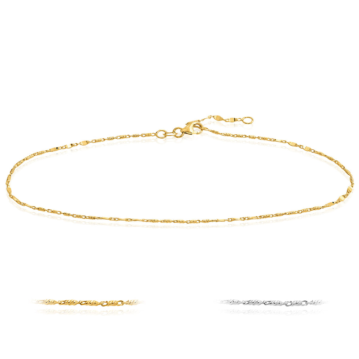 14K Yellow Gold White Gold Diamond-Cut Adjustable Anklet 9"-10"