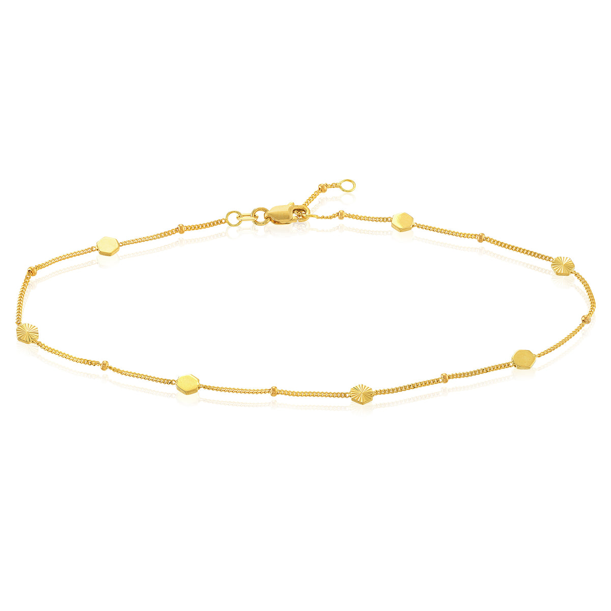 14k Yellow Gold 1mm Link Fluted and Polished Hexagon Adjustable Anklet 9"-10"
