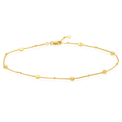 14k Yellow Gold 1mm Link Fluted and Polished Hexagon Adjustable Anklet 9"-10"