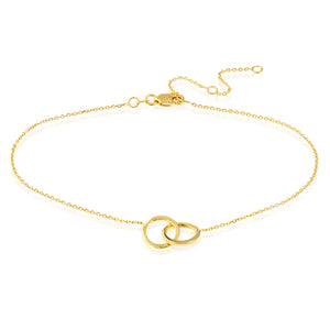 14K Yellow Gold High Polished Intertwined Circles Adjustable Anklet 8", 9", 10"