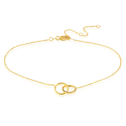 14K Yellow Gold High Polished Intertwined Circles Adjustable Anklet 8", 9", 10"