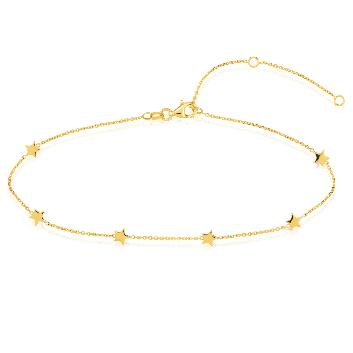 14K Yellow Gold Mini Star Station Cable Adjustable Anklet 9"-10"