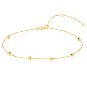 14K Yellow Gold Mini Star Station Cable Adjustable Anklet 9"-10"