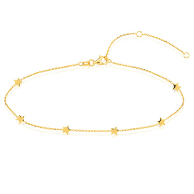 14K Yellow Gold Mini Star Station Cable Adjustable Anklet 9"-10"