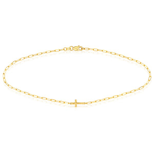 14K Yellow Gold 2mm Paper Clip Link Textured Cross Anklet 10"