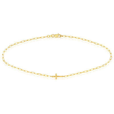 14K Yellow Gold 2mm Paper Clip Link Textured Cross Anklet 10"