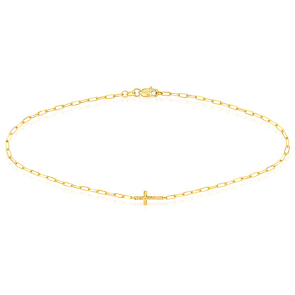 14K Yellow Gold 2mm Paper Clip Link Textured Cross Anklet 10"