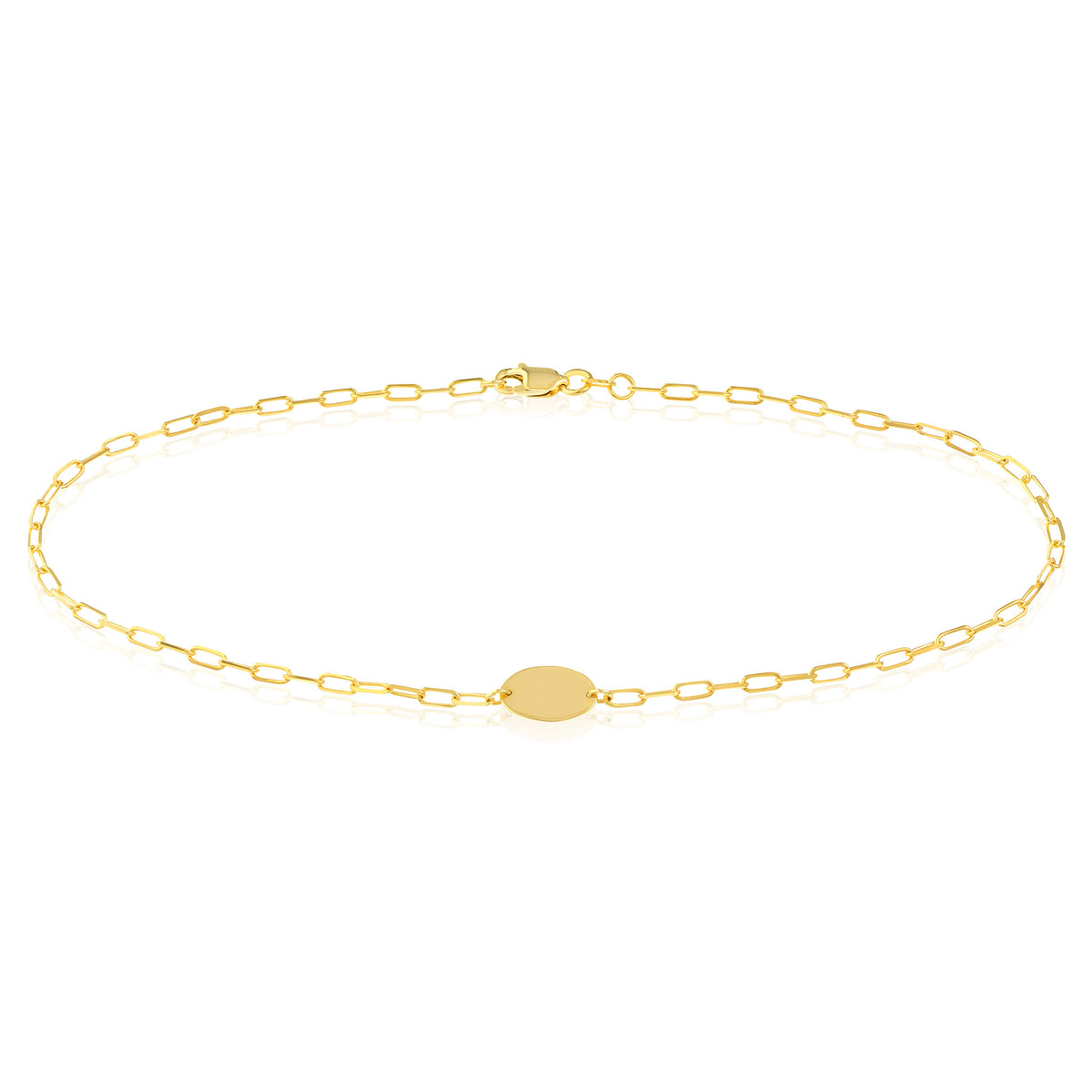 14k Yellow Gold 2mm Paperclip Link High Polished Oval Plate Anklet 10"