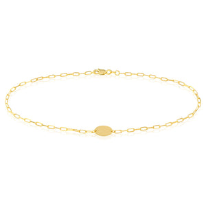 14k Yellow Gold 2mm Paperclip Link High Polished Oval Plate Anklet 10"
