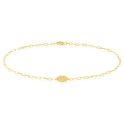 14k Yellow Gold 2mm Paperclip Link High Polished Oval Plate Anklet 10"