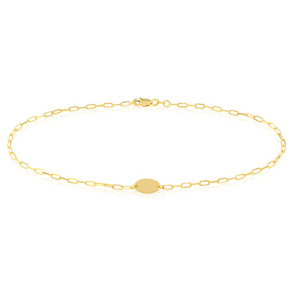 14k Yellow Gold 2mm Paperclip Link High Polished Oval Plate Anklet 10"