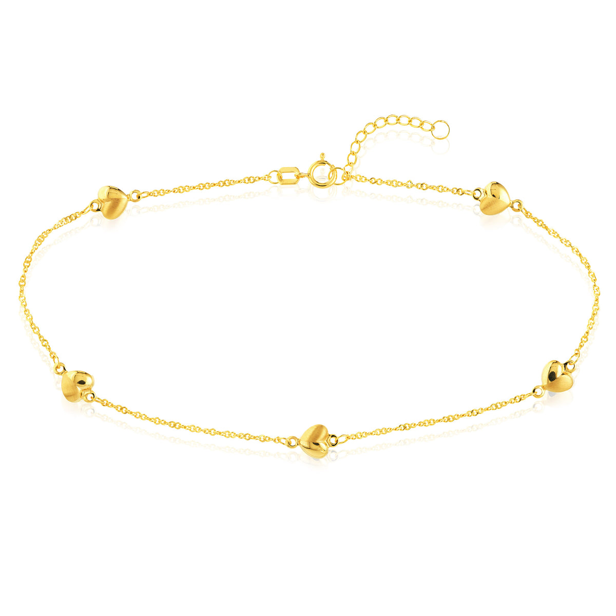14K Yellow Gold Puff Heart Piatto Chain Adjustable Anklet 9"-10"