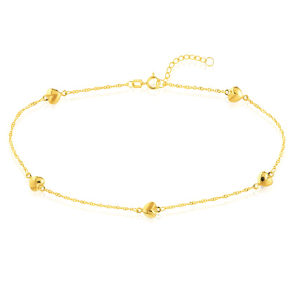 14K Yellow Gold Puff Heart Piatto Chain Adjustable Anklet 9"-10"