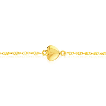 14K Yellow Gold Puff Heart Piatto Chain Adjustable Anklet 9"-10"
