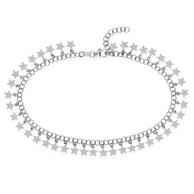 925 Sterling Silver Round Link Dangling Stars Adjustable Anklet 9"-10"